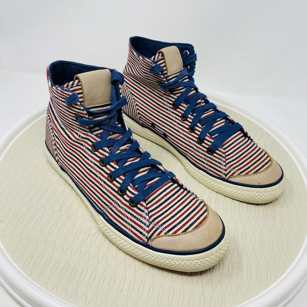The Hundreds Men Skate Shoes 9 Valenzuela Hickory Stripe Sneaker Blue Red Hi Top